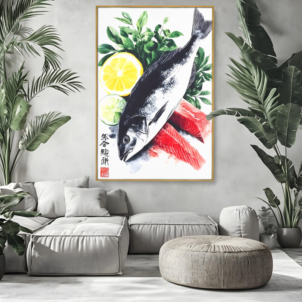 Tablou canvas cu ilustratie cu peste intreg si fileuri, in rama de aluminiu auriu, pe perete intr-un living
